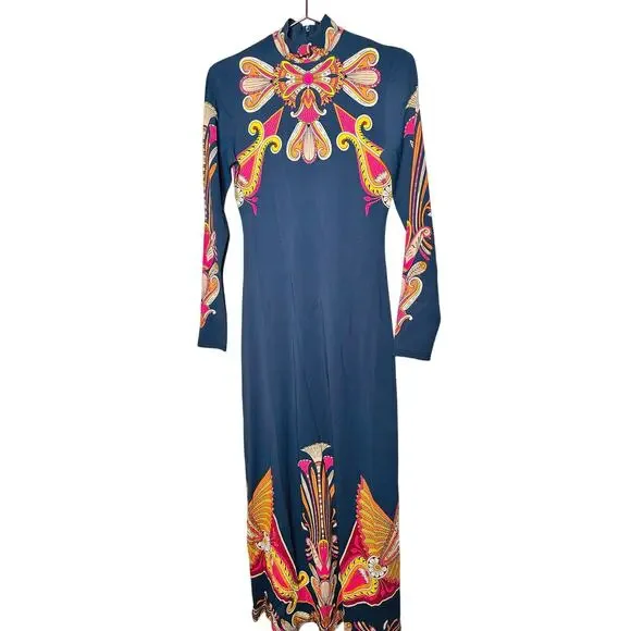 LA DOUBLEJ Navy Paisley Gold Pendant High Neck A-Line Halle Dress Size XS - Picture 8 of 16